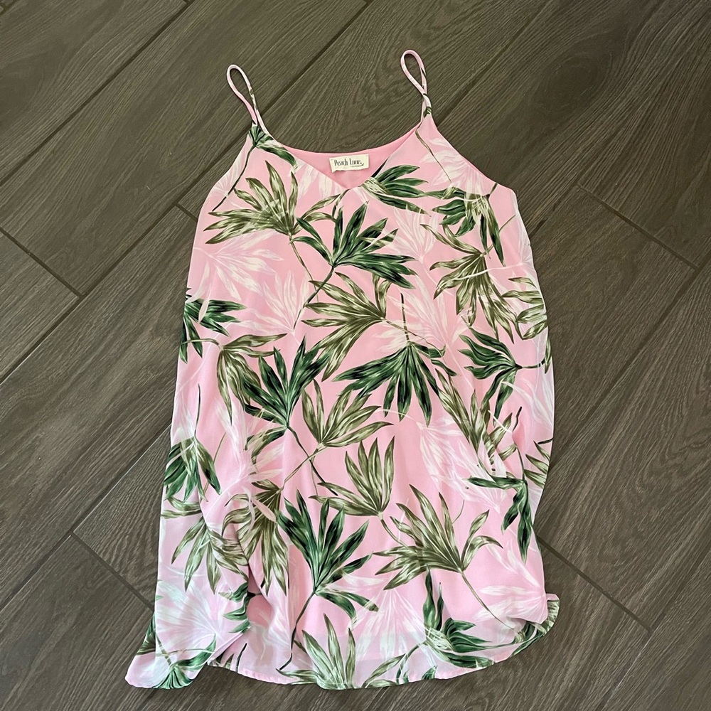 Peach Love California Pink and Green Leaf Print Mini Dress